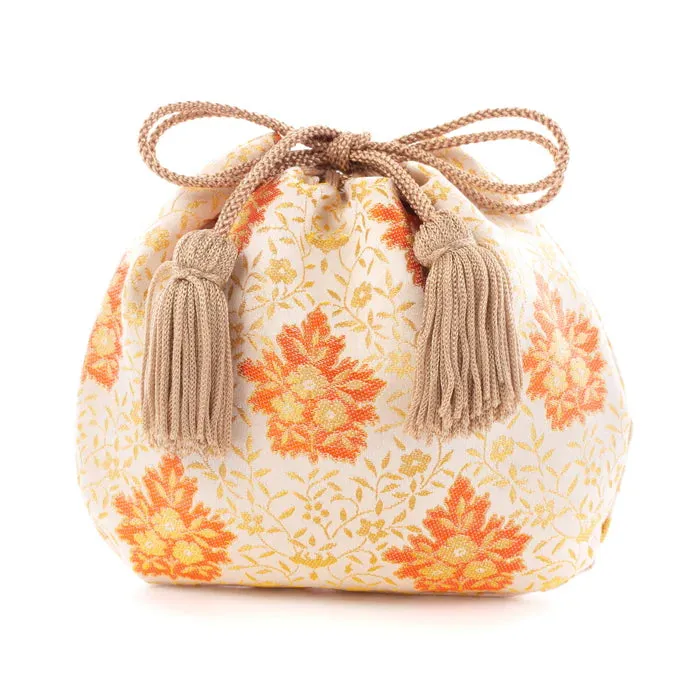 Nishijin-ori Small Drawstring Bag - Flower and Arabesque Pattern / White -,  Made in Kyoto, Japan,  Japanese traditional craft purse