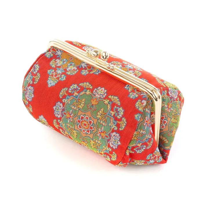 Nishijin-ori Small Pouch - Flower / Red -, Made in Kyoto, Japan, Cosmetic Pouch, Makeup Pouch, Japanese Gamaguchi Pouch, Travel Toiletry Pouch, Stationery Pouch, Bag organizer, Bag in Bag