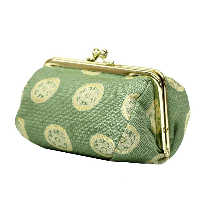 Nishijin-ori Small Pouch - Wheel-shaped Treasure / Green -, Made in Kyoto, Japan, Cosmetic Pouch, Makeup Pouch, Japanese Gamaguchi Pouch, Travel Toiletry Pouch, Stationery Pouch, Bag organizer, Bag in Bag