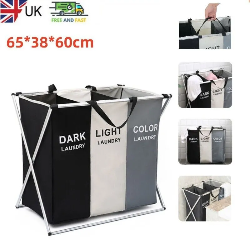 Pantones Laundry Bag Organizer 3 Compartments Dark / Light / Color Aluminium Large Basket Hamper Washing Clothes Storage Bin