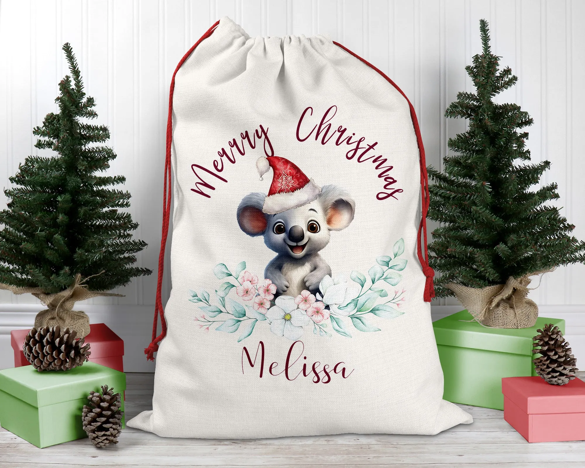 Personalised Santa Sack, Koala, Eucalyptus Leaves Linen Bag