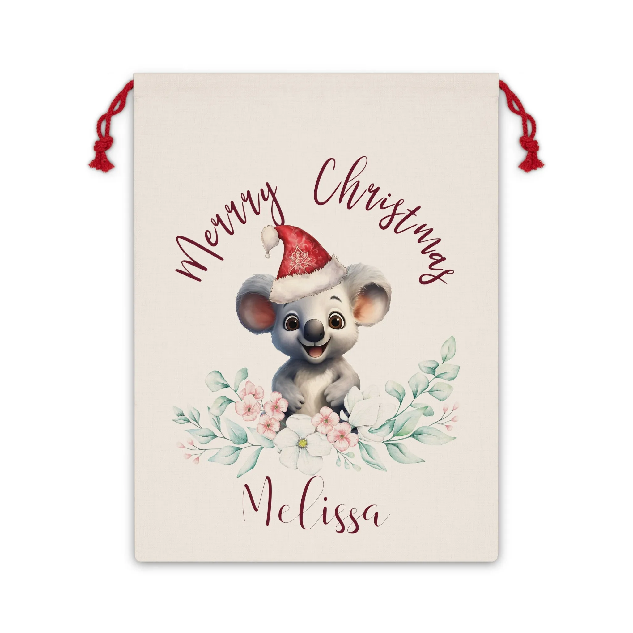 Personalised Santa Sack, Koala, Eucalyptus Leaves Linen Bag