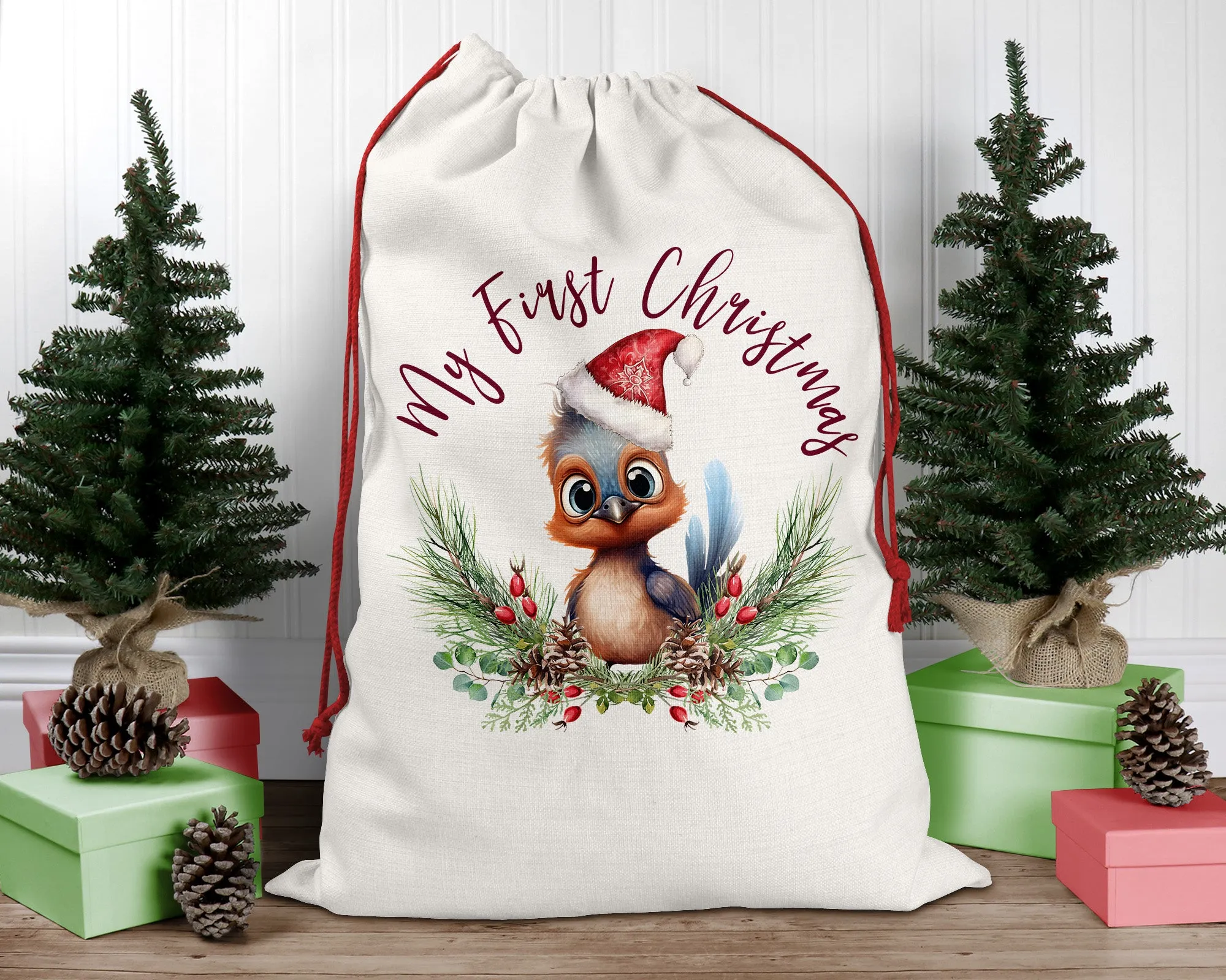 Personalised Santa Sack, Lyrebird, Poinsettia Leaves Linen Bag