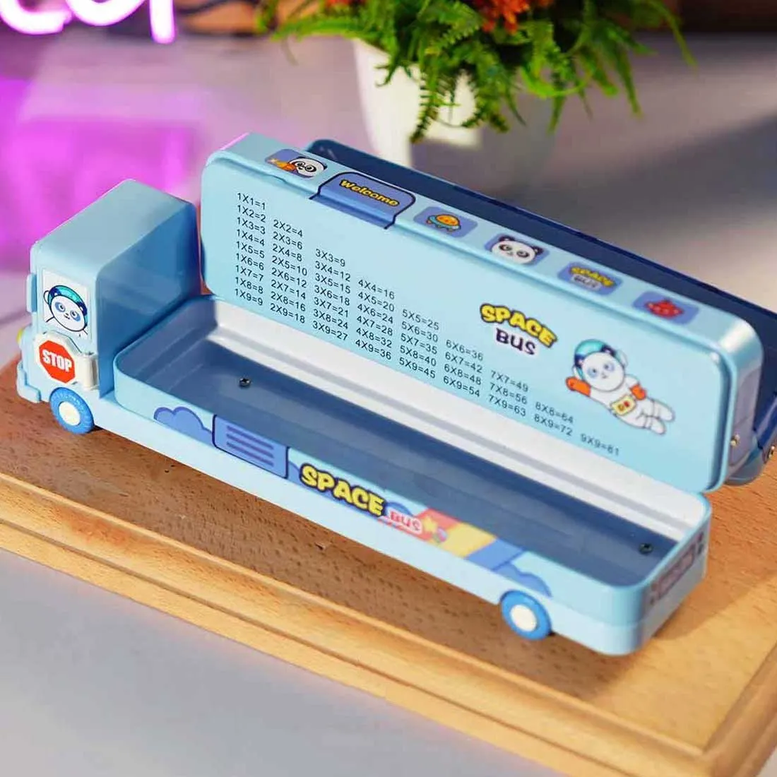 Personalized Bus Pencil Box for Kids - Space Bus with Built-in Sharpener