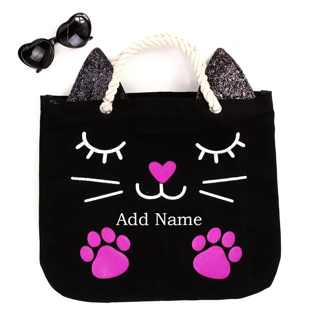 Personalized Rope Tote Bag with Sunglasses - Kitty