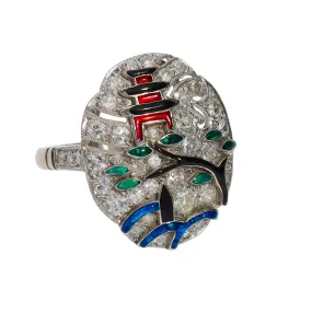 Platinum Pavé Diamond & Enamel Asian Inspired Design Fashion Ring