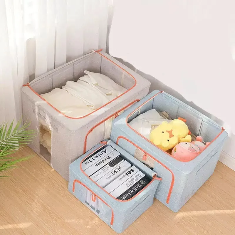 Printed Large Capacity Storage Box, Waterproof Oxford Cloth Steel Storage Box, Clothing Quilt Storage Bag Organizer, Quilt Blanket Socks Stuff Container, Portable Folding Closet Organizer