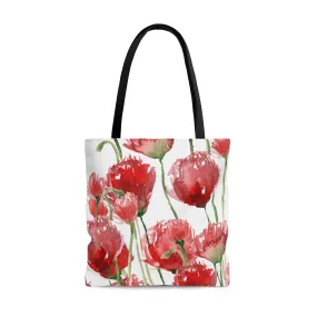 Red Tulips Tote Bag, White Pacific Northwest Red Tulip Flower Floral Print Designer Tote Bag - Made in USA