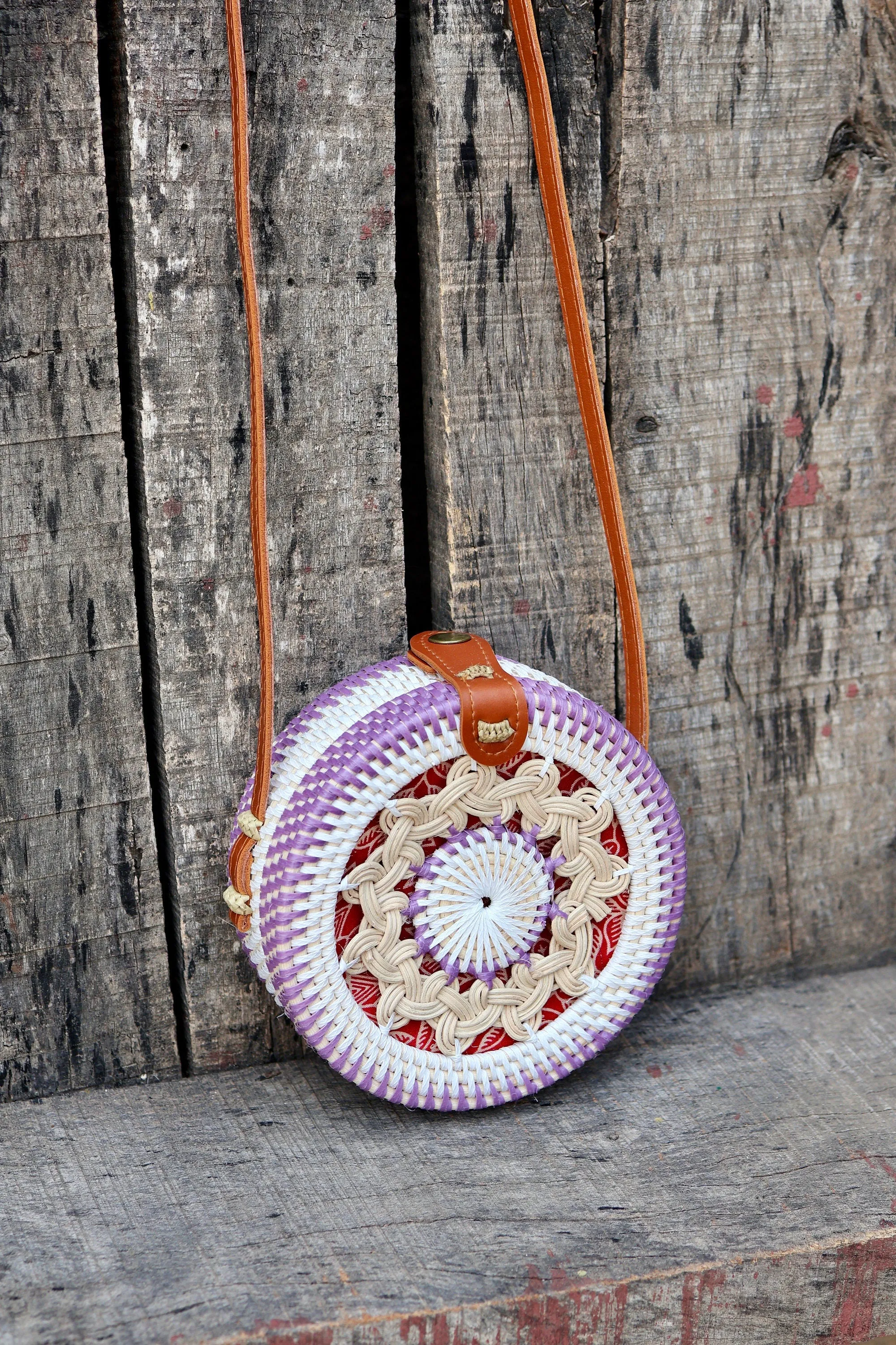 Round Rattan Bag with Braid Pattern, Bali Bags, Handwoven Crossbody Purse, Braided Straw Bag, Bali Sling Bags Rattan Bags Gift for her