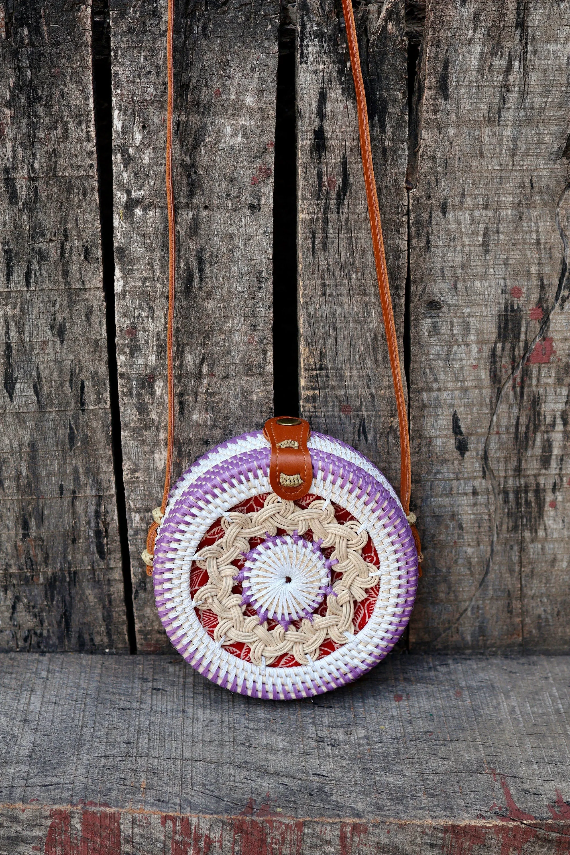 Round Rattan Bag with Braid Pattern, Bali Bags, Handwoven Crossbody Purse, Braided Straw Bag, Bali Sling Bags Rattan Bags Gift for her