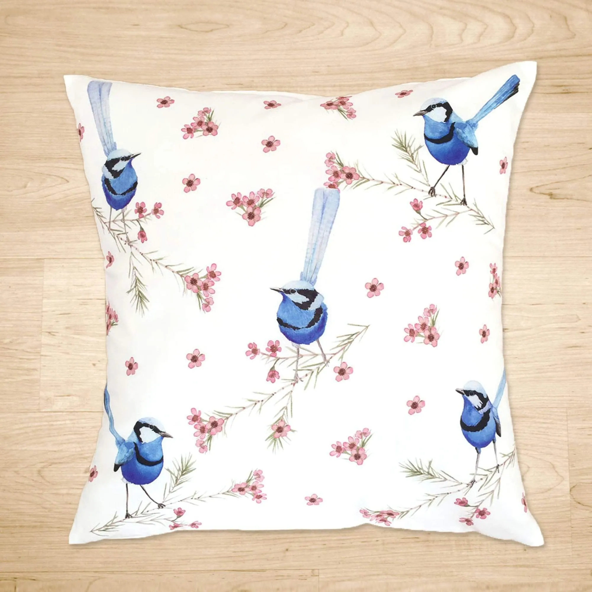 Splendid Blue Wren Cushion Cover 5 birds Cotton Drill