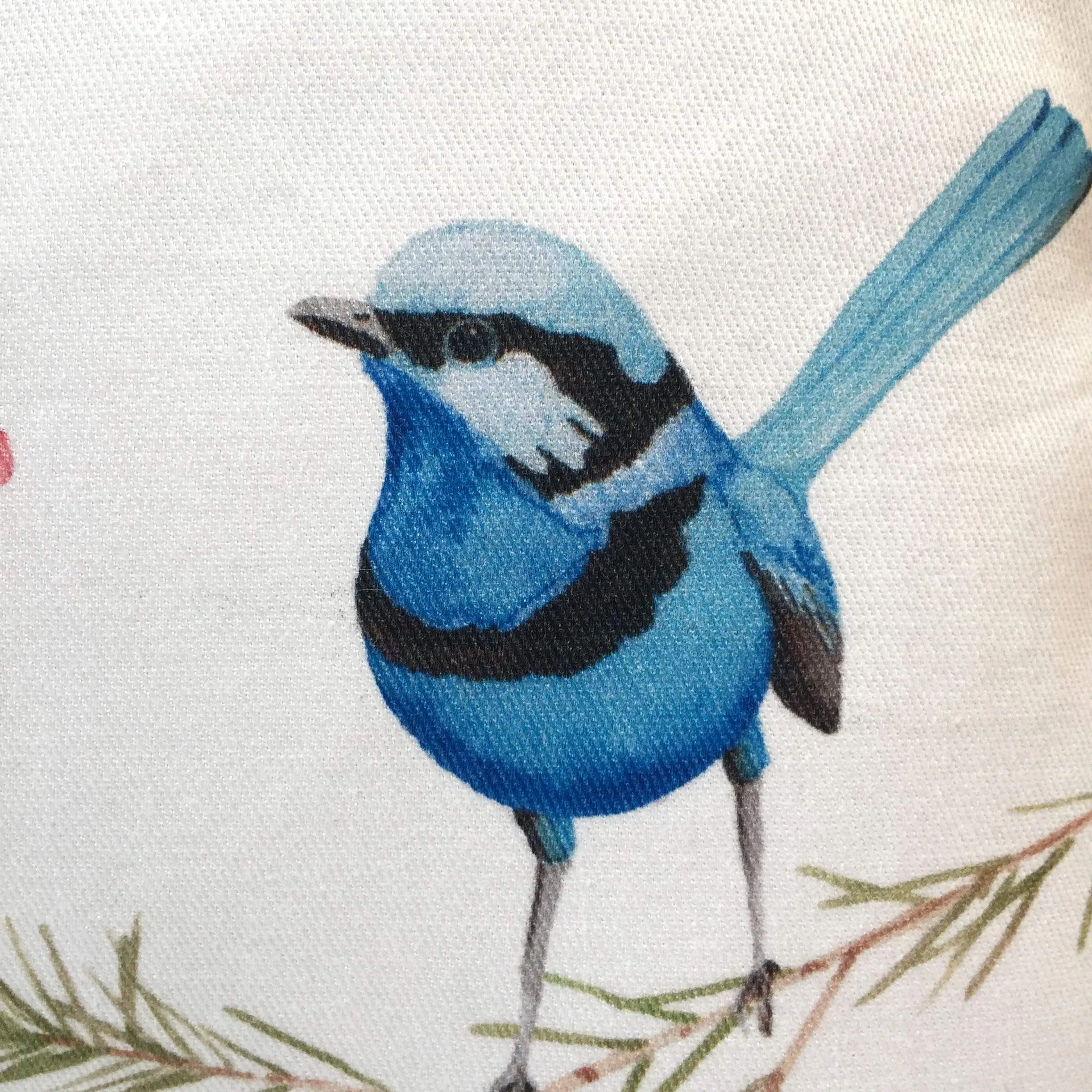 Splendid Blue Wren Cushion Cover 5 birds Cotton Drill