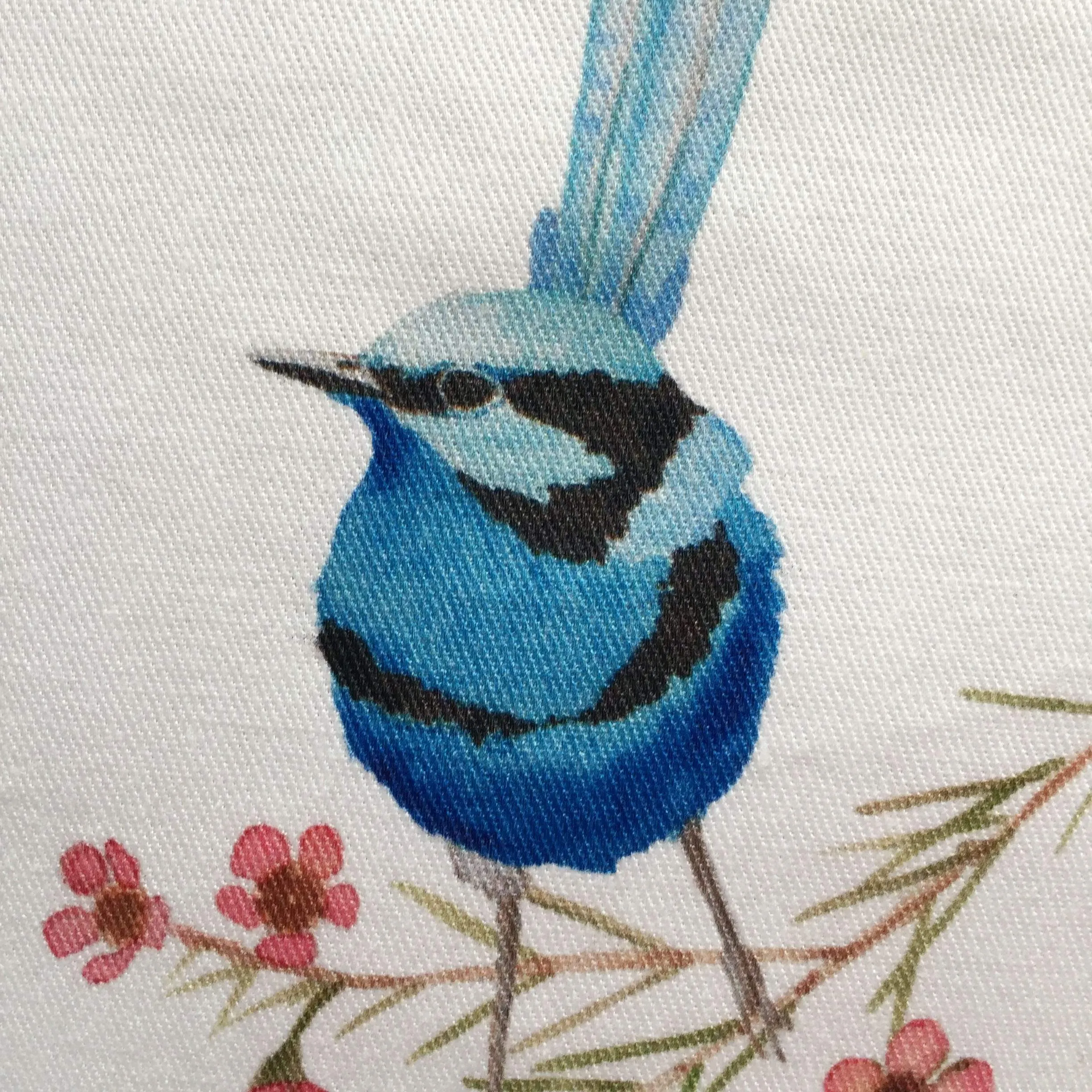 Splendid Blue Wren Cushion Cover 5 birds Cotton Drill