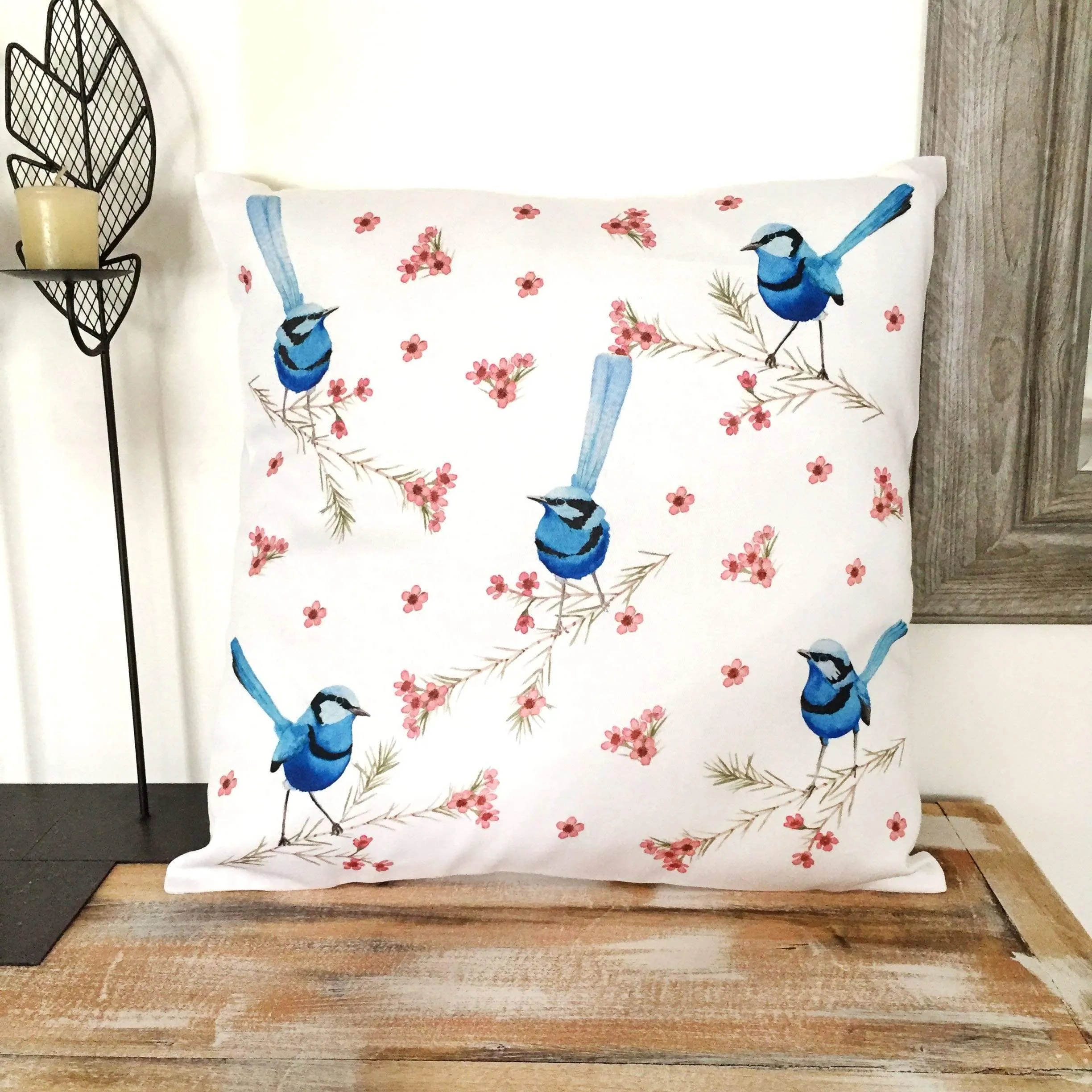 Splendid Blue Wren Cushion Cover 5 birds Cotton Drill