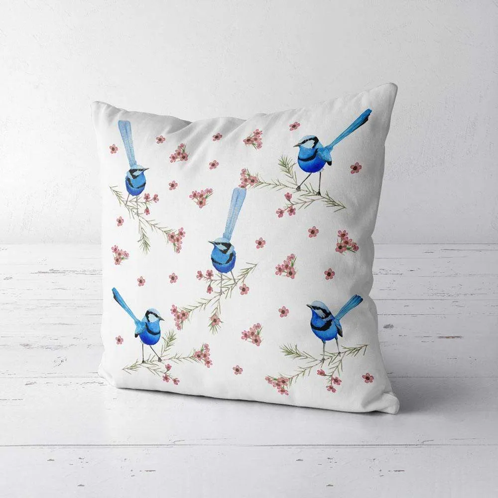 Splendid Blue Wren Cushion Cover 5 birds Cotton Drill