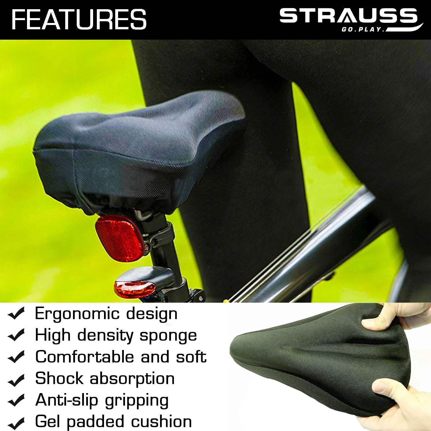 Strauss Bicycle Frame Bag, (Black) and Gel Seat Cover (Black)