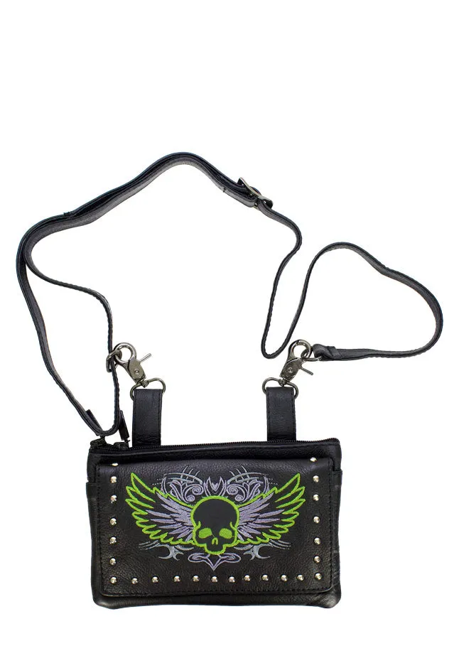 Studded Naked Cowhide Leather Lime Green Skull Belt Bag