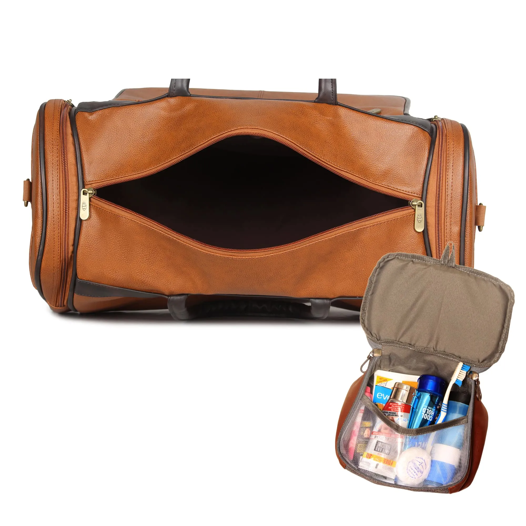 The Clownfish Combo of Milo 38 litres Faux Leather Travel Duffle Bag (Tan) & The Clownfish Travel Pouch Toiletry Bag (Grey)