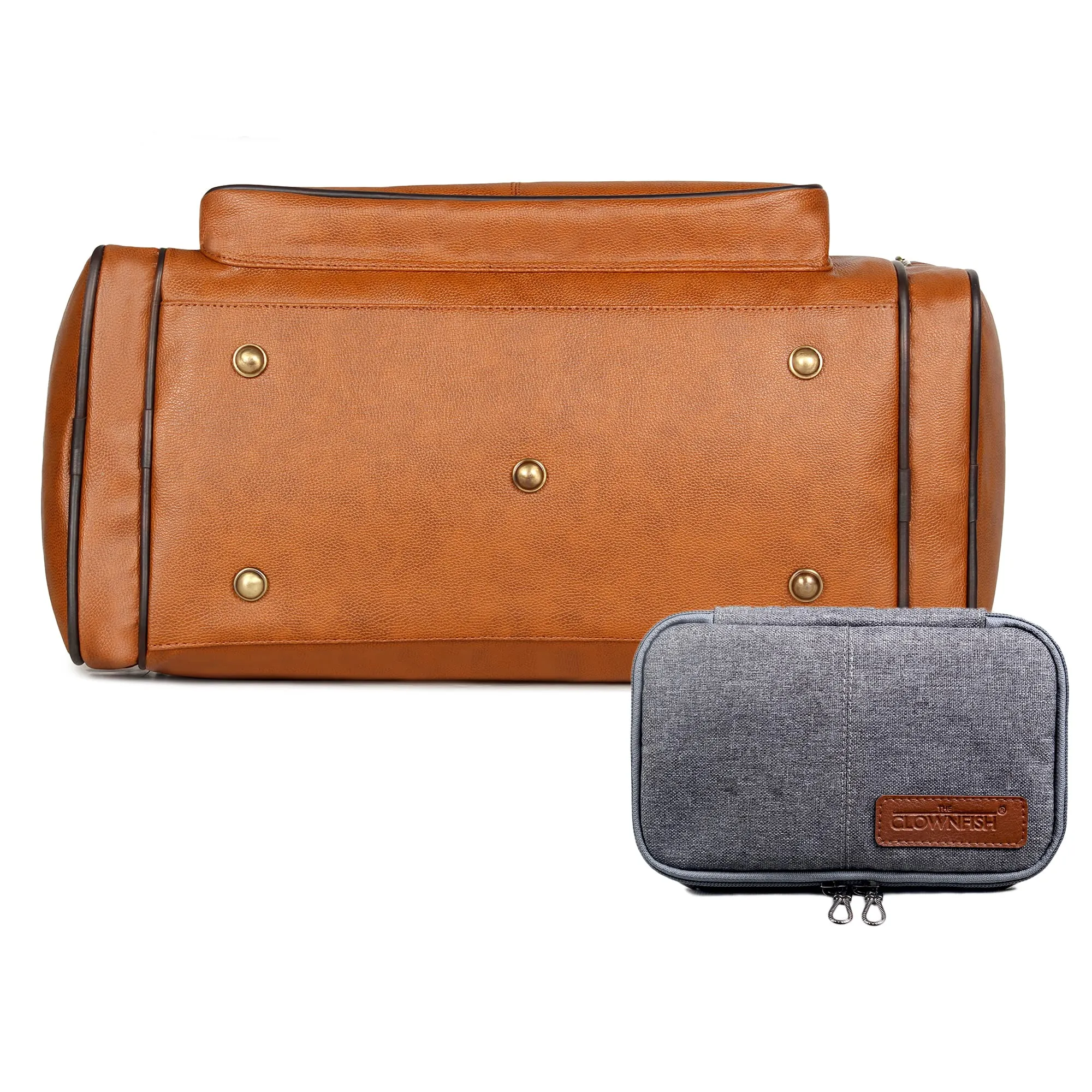 The Clownfish Combo of Milo 38 litres Faux Leather Travel Duffle Bag (Tan) & The Clownfish Travel Pouch Toiletry Bag (Grey)