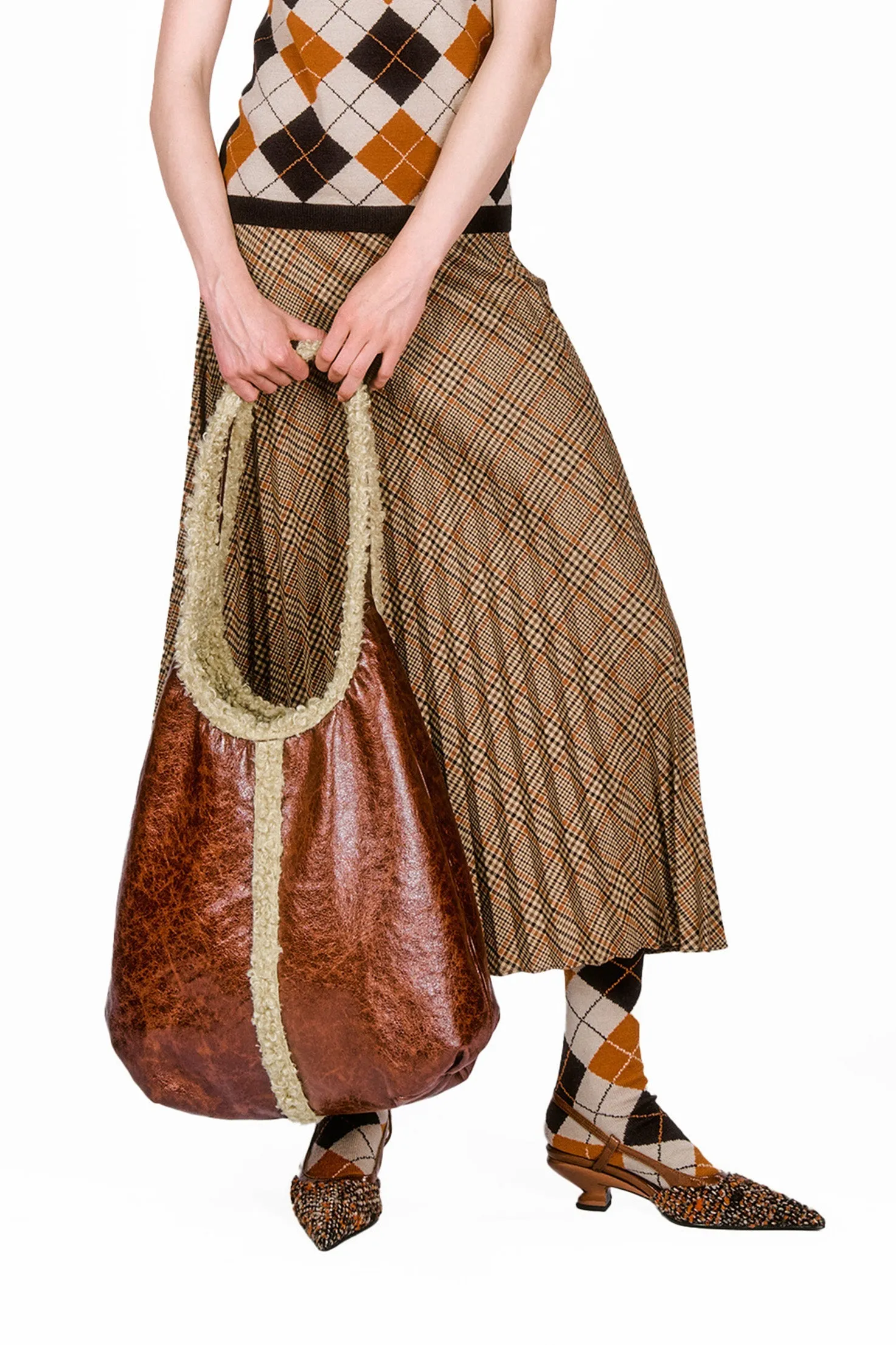 Tobacco Faux Leather with Curly Lamb Trim Hobo Bag