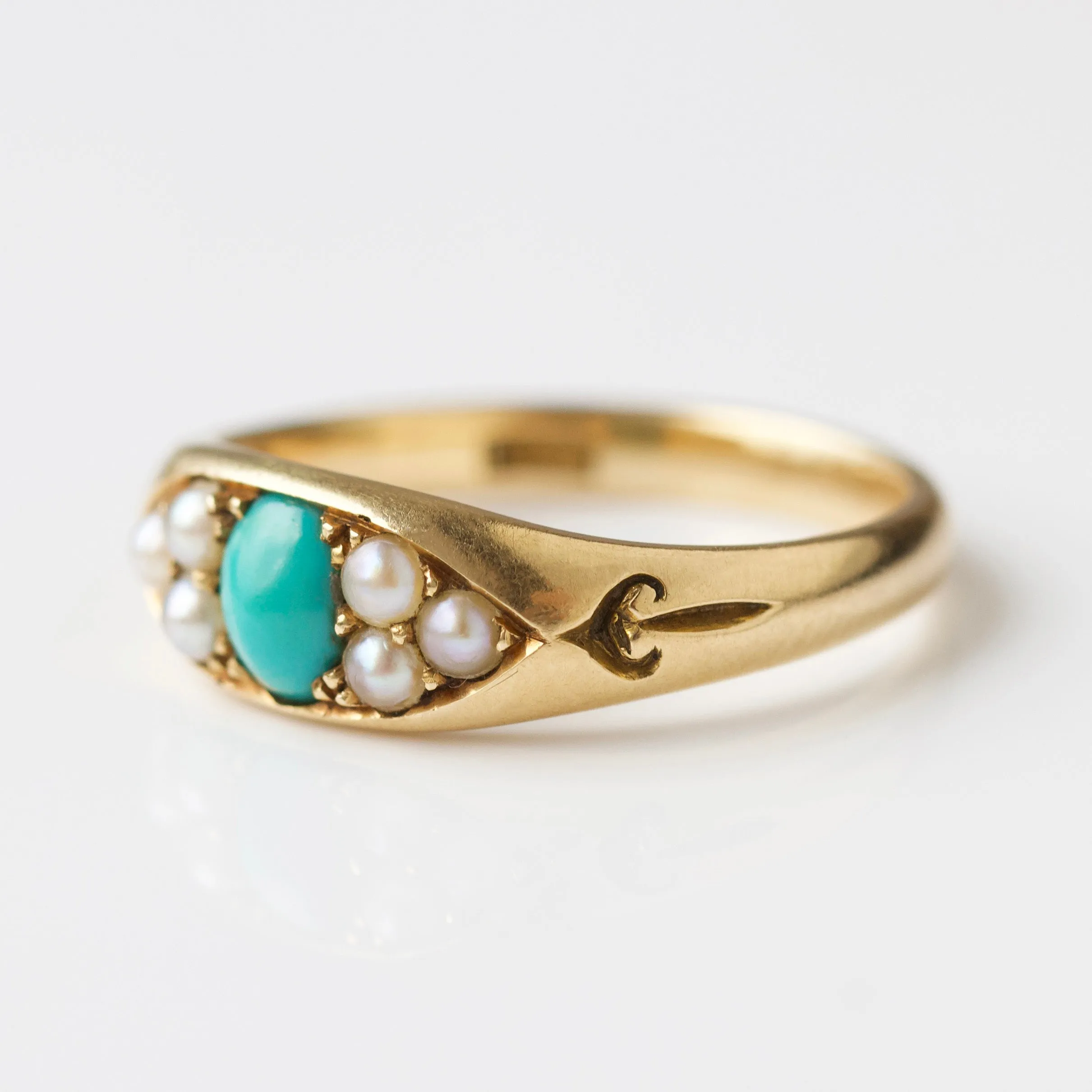 Vintage 18k Yellow Gold Turquoise and Pearl Ring - Uk Size O