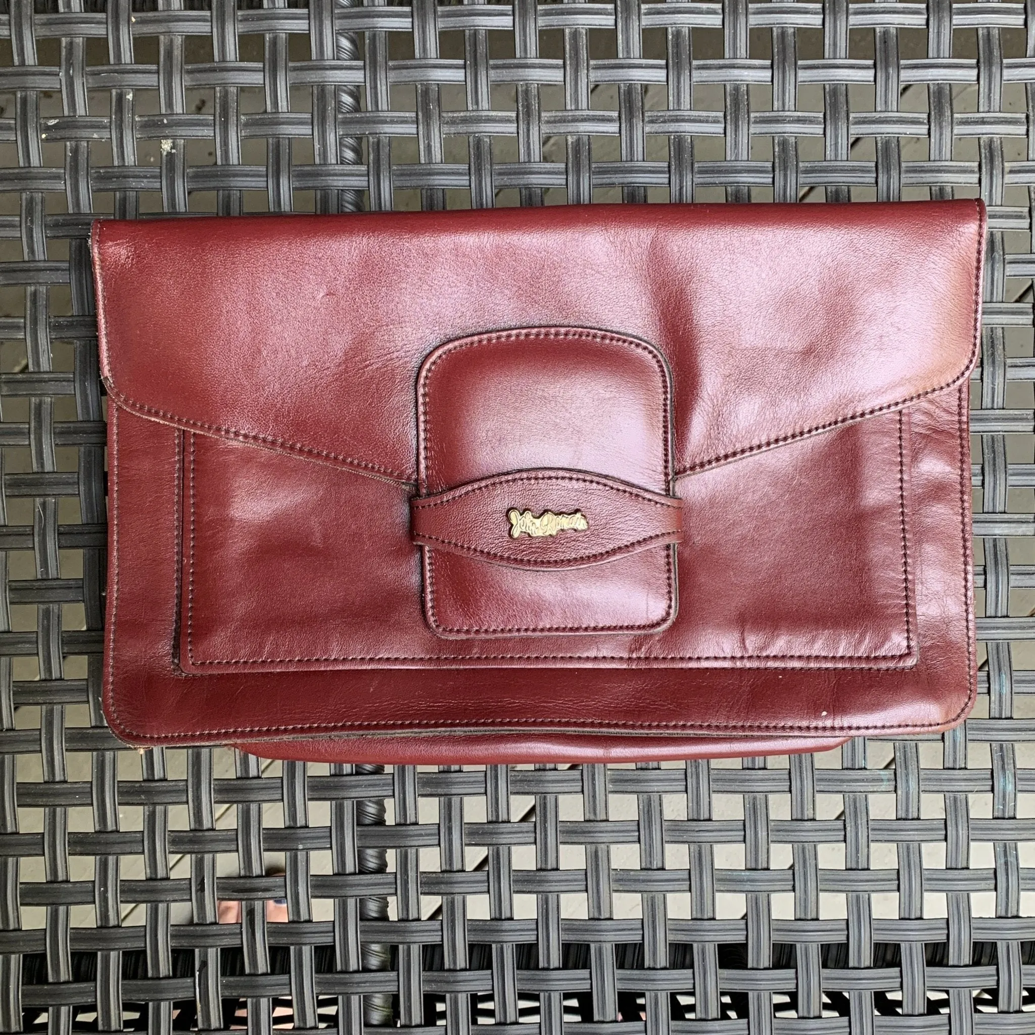 Vintage Burgundy Leather Clutch by John Romain. Envelope Style Handbag. Circa 1970.