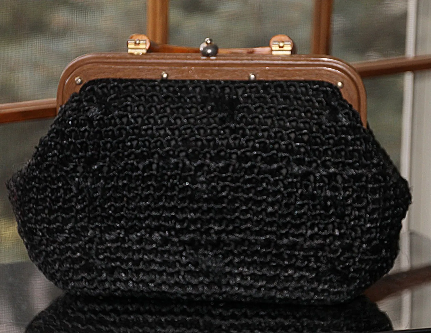 Vintage Purse / Bag / Handbag Italian Black Straw Woven Box Purse with Wooden Handle