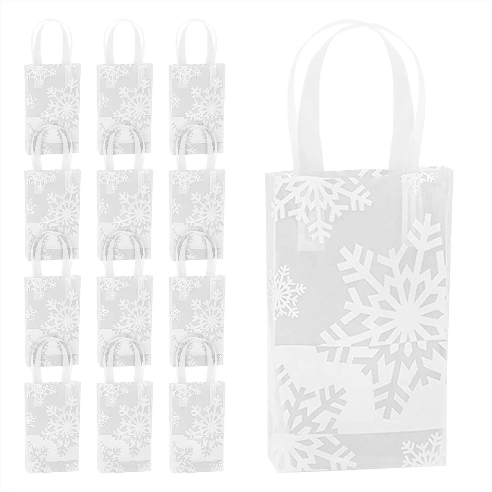 White Snowflake Clear Plastic Gift Bags and Party Favor Bags, Small 5.25x3.25x8.5 (12 Pack)