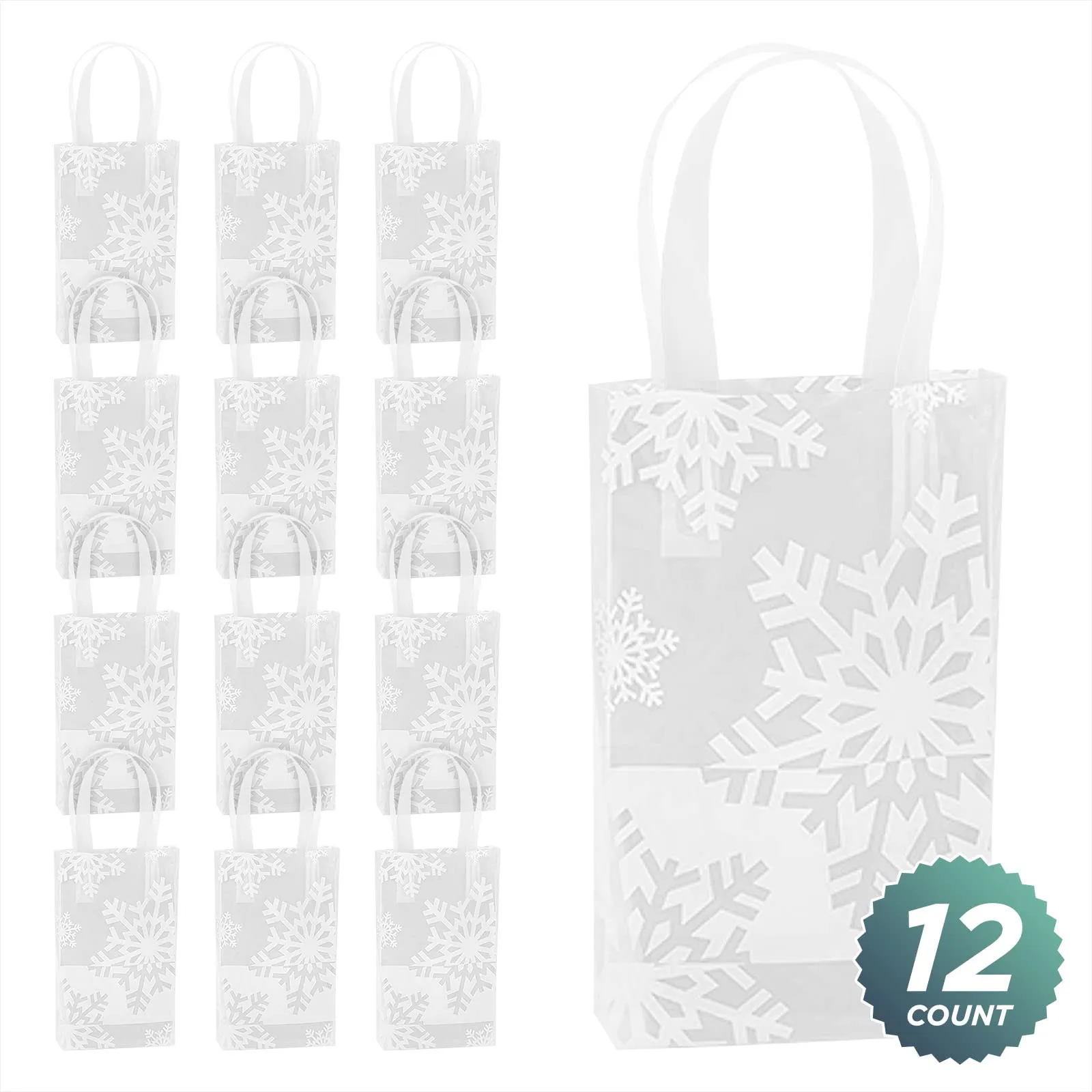 White Snowflake Clear Plastic Gift Bags and Party Favor Bags, Small 5.25x3.25x8.5 (12 Pack)