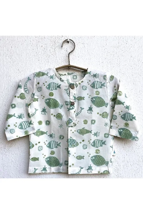 Whitewater Kids Unisex Organic Fish Print Kurta Top With Mint Pants