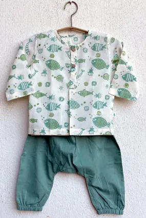 Whitewater Kids Unisex Organic Fish Print Kurta Top With Mint Pants