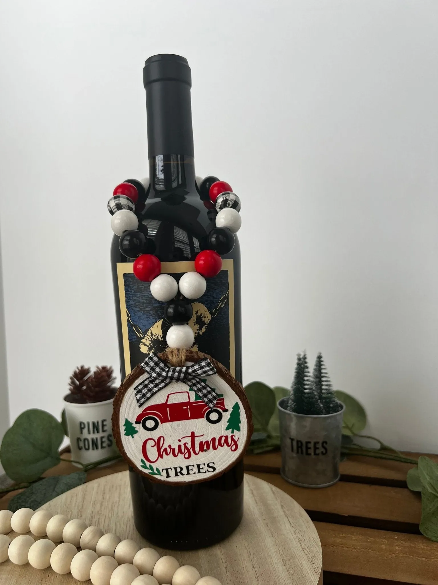 Wine Bottle Gift Hang Tag with Wood Bead - Iconic Red Truck Christmas Tree